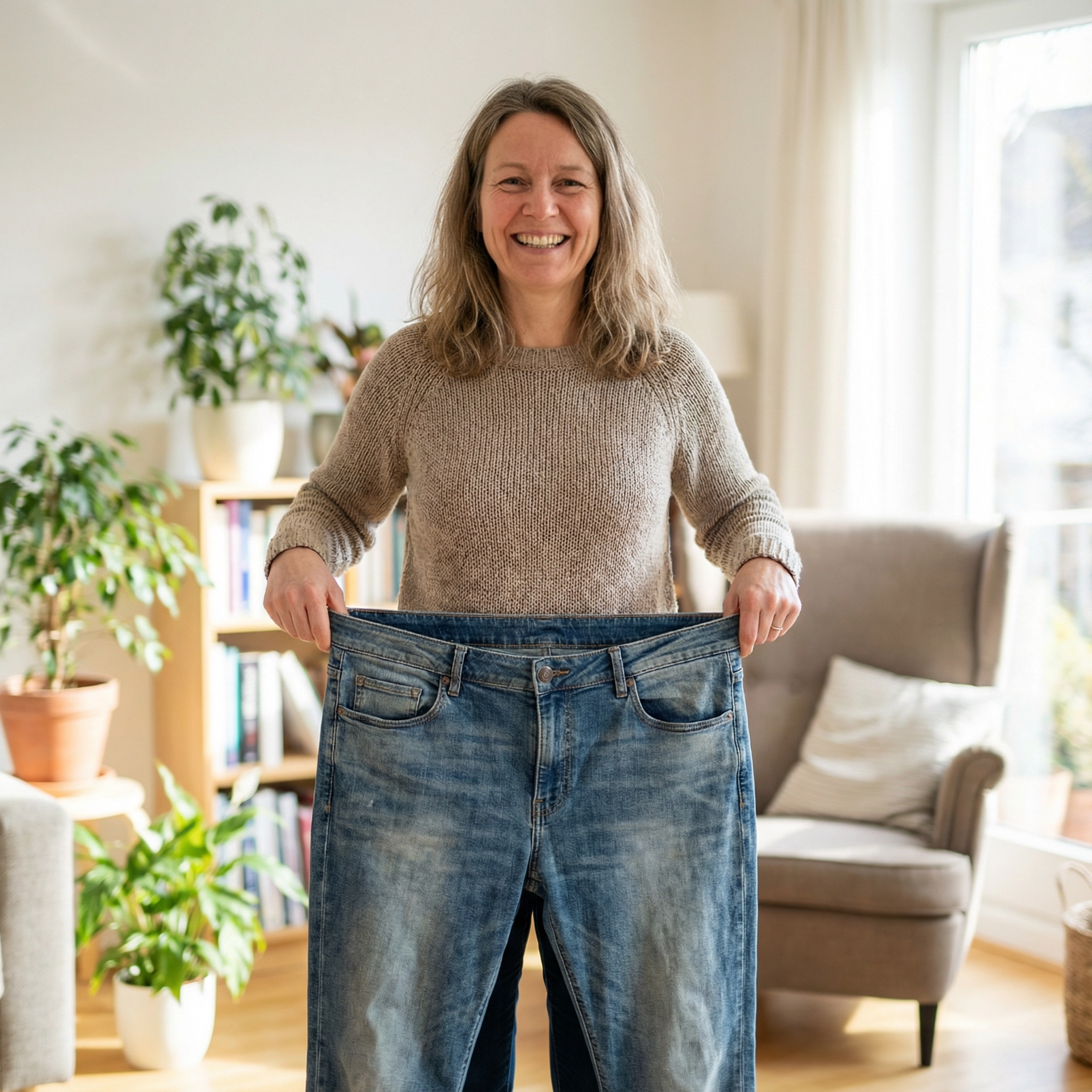 Glückliche Kundin mit zu großer Jeans